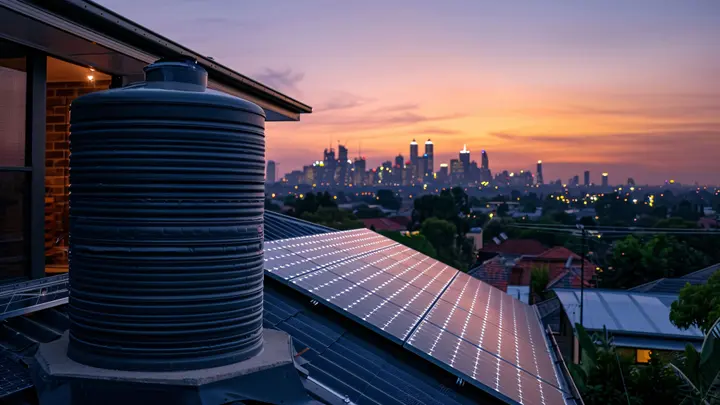 Rooftop solar array on a commercial building in Ernakulam at sunset