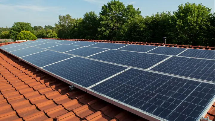 Solar panels on the tiled roof of a new-build home in Palakkad