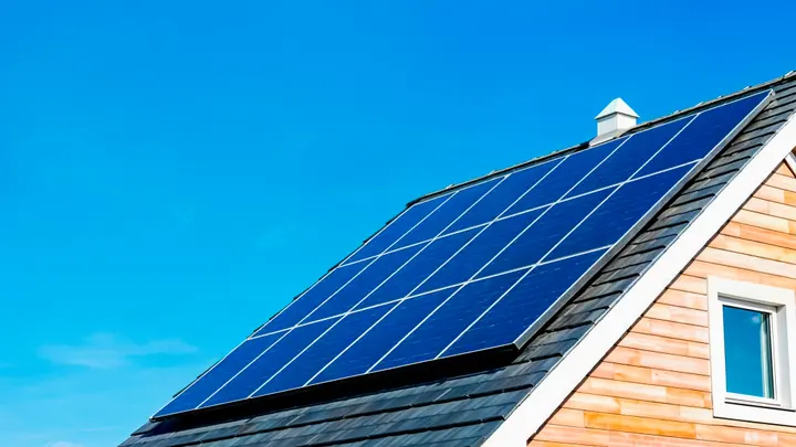 Solar panels on the sloped roof of a textile showroom in Kannur